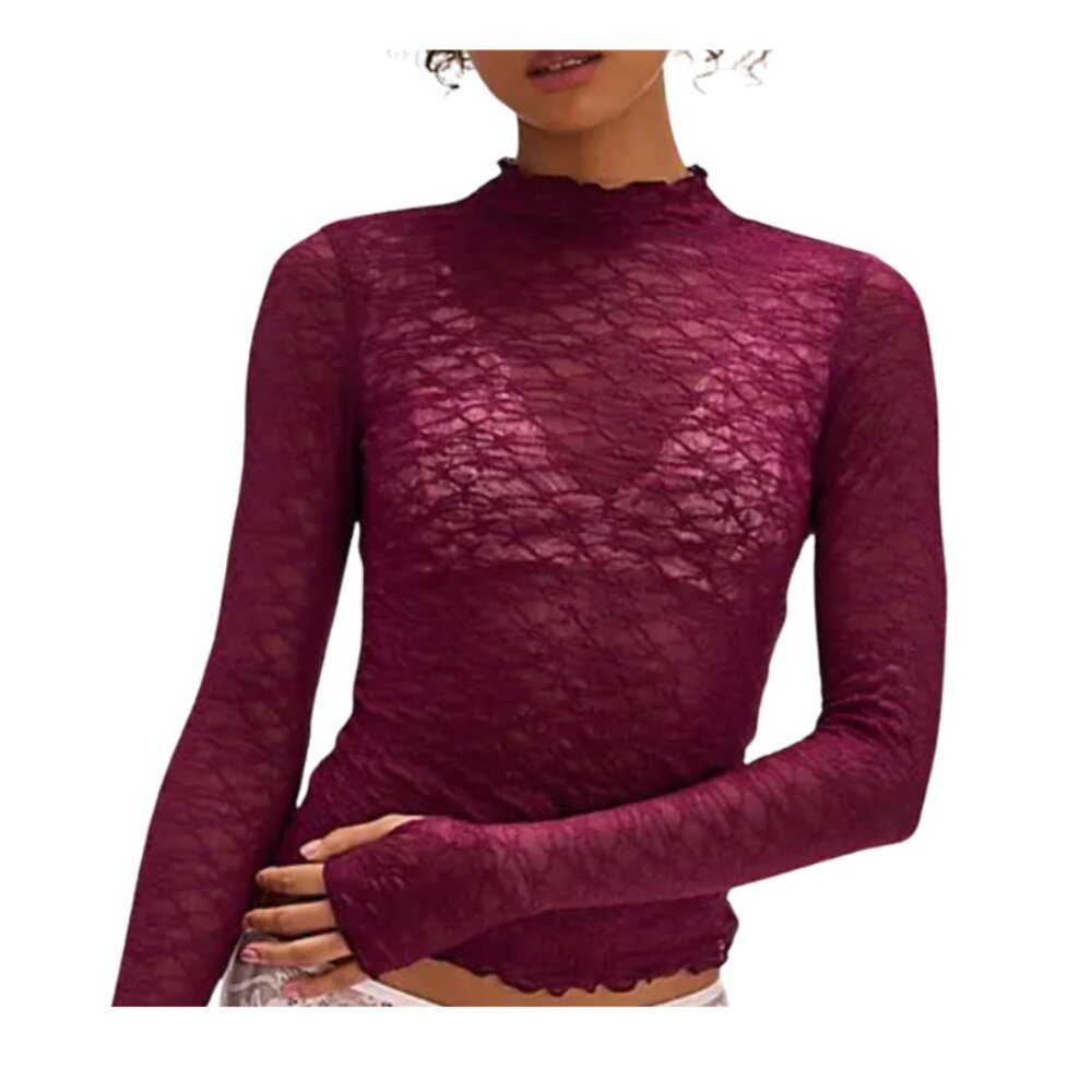 FREE PEOPLE From The Start Mockneck Long Sleeve Top – Berry – Medium – NWT